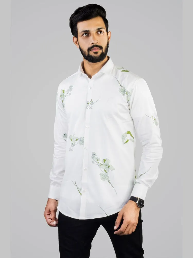 White Shirt for Men - Floral Print Cotton Spread Collar Shirt